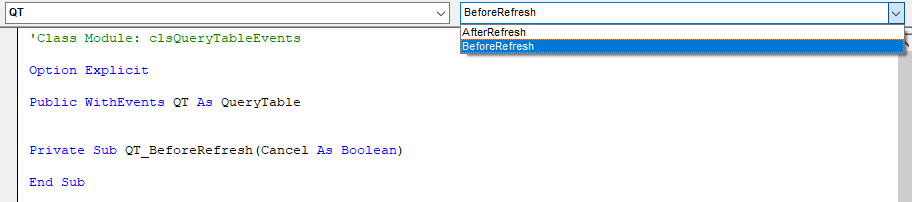 QueryTable Events Procedure Box