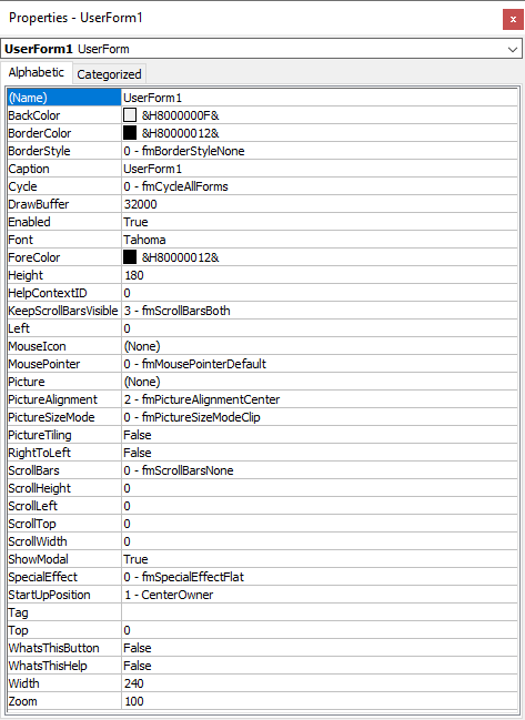 UserForm Properties Window